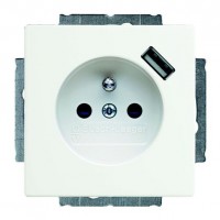Розетка с USB ABB BASIC55, скрытый монтаж, с заземлением, со шторками, альпийский белый, 20 EUCBUSB-94-507