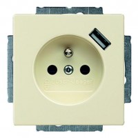 Розетка с USB ABB BASIC55, скрытый монтаж, с заземлением, со шторками, слоновая кость, 20 EUCBUSB-92-507