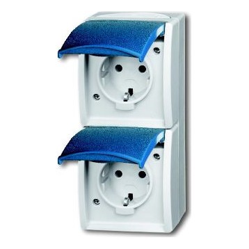 Розетка двухместная ABB OCEAN, открытый монтаж, с заземлением, с крышкой, серый//сине-зелёный, 20-02 EW-53-500