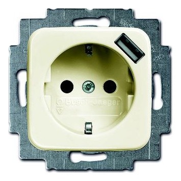 Розетка с USB ABB BUSCH-DURO, скрытый монтаж, с заземлением, со шторками, слоновая кость, 20 EUCBUSB-212-500