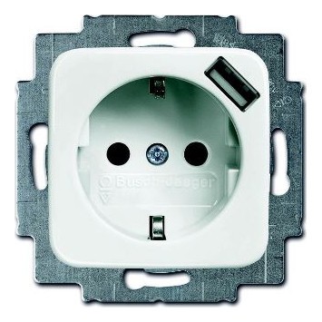 Розетка с USB ABB BUSCH-DURO, скрытый монтаж, с заземлением, со шторками, альпийский белый, 20 EUCBUSB-214-500