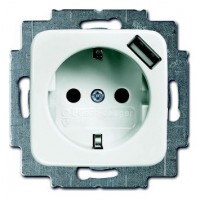 Розетка с USB ABB BUSCH-DURO, скрытый монтаж, с заземлением, со шторками, альпийский белый, 20 EUCBUSB-214-500