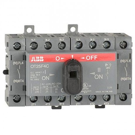 ABB Реверсивный рубильник OT25F4C до 25A 4х-полюсный для установки на DIN-рейку или монтажную плату (с резерв. ручкой), 1SCA104877R1001