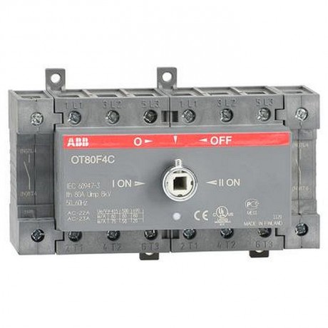 ABB Реверсивный рубильник OT80F4C до 80А 4-полюсный для установки на DIN-рейку или монтажную плату (без ручки), 1SCA105418R1001